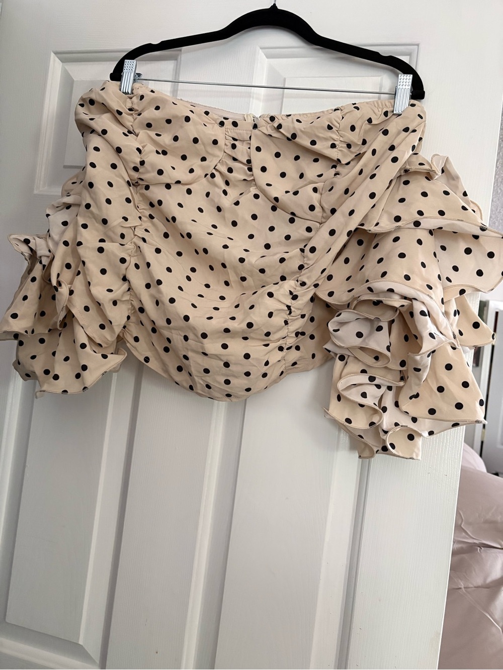 PrettyLittleThing Beige Polka Dot Off-Shoulder Ruffle Top
